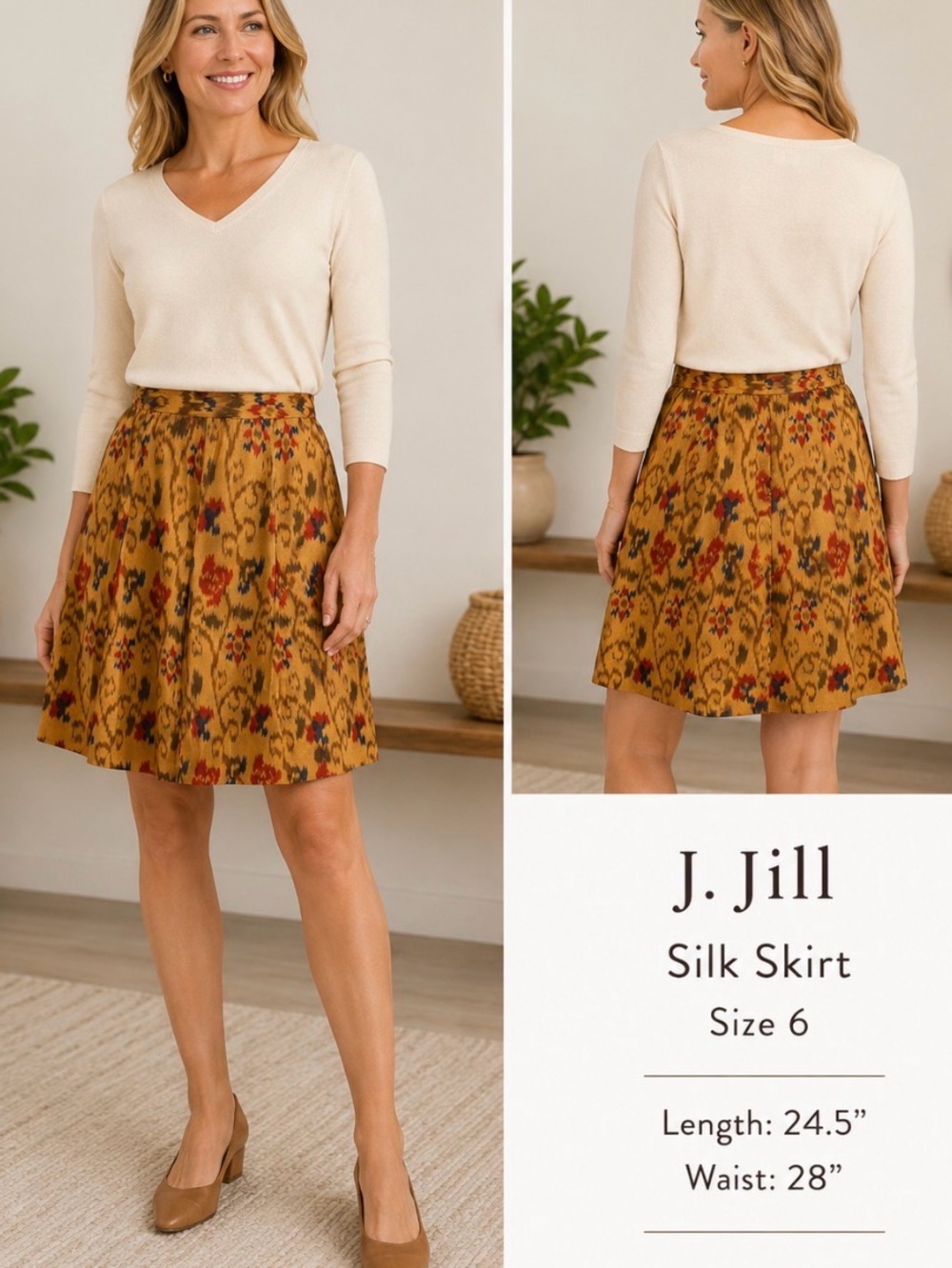 J. Jill Silk Size 6 Boho Chic Abstract Floral Print A-Lined Knee Length Skirt